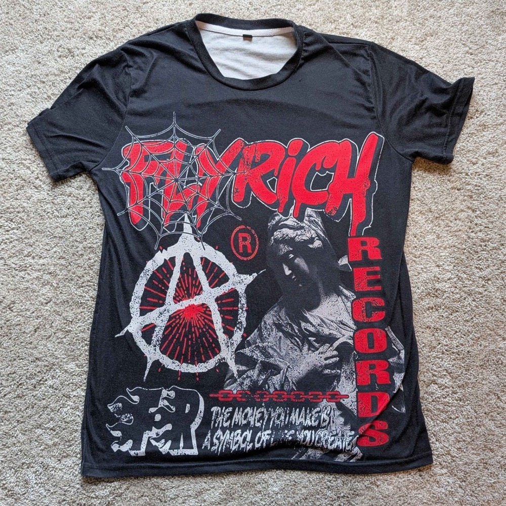 Flyrich Records Graphic T-Shirt Mens Medium Black Red 2019 Anarchy Streetwear